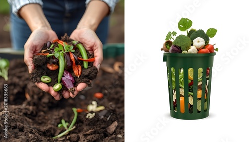 A person holding soil and vegetables in their hands next to a green compost bin filled with various organic materials.