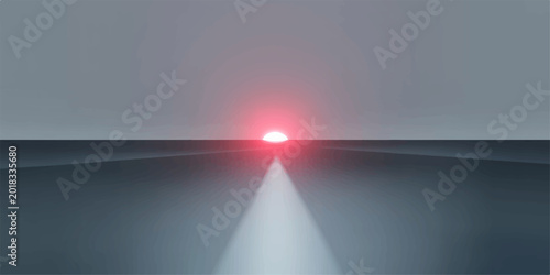 Canvastavla The sun's radiant sphere, a fiery red beacon, descends toward the horizon, casting a stark, luminous beam upon the landscape