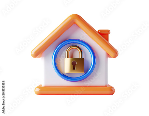 3D Icon of a House with a Golden Lock and Blue Circle