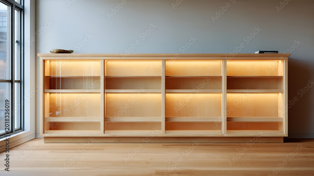 Fototapeta premium Modern light wood display cabinet with integrated warm LED lighting, featuring glass doors and