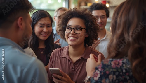 A group of diverse young adults smiling and socializing in a casual indoor setting