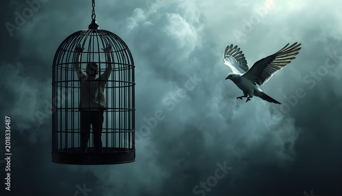 A dramatic silhouette of a man trapped in a hanging birdcage with his arms raised, as a bird flies freely in the cloudy sky.