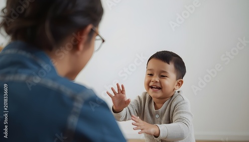 A young boy excitedly talking to a woman in a casual setting with a plain background