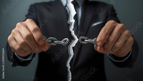 A man in a suit holds a broken chain in his hands, symbolizing freedom and empowerment.