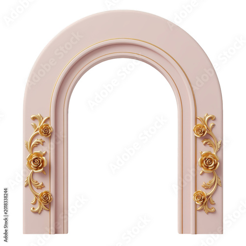 Pink archway with gold roses on white background