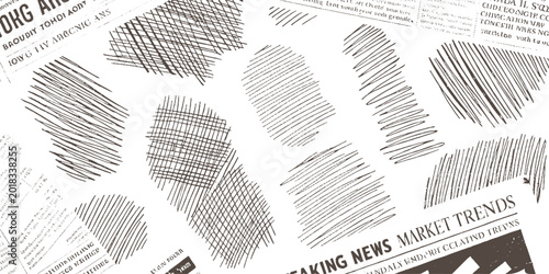 Φωτογραφία Newspaper clippings with hand drawn scribbled lines and text fragments print