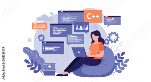 Plakat Professional female programmer developing software with C plus plus language while surrounded by multiple floating code interfaces.
