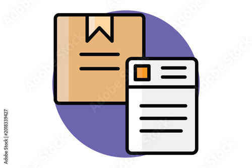 Shipping label icon. A tan cardboard box paired with a white shipping document containing lines of text, colored outline icon style