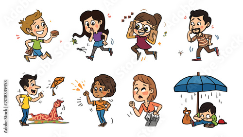 Bild auf Leinwand Panic and Chaos: A collection of cartoon illustrations depicting various individuals experiencing intense emotions and stressful situations, from fleeing a monster to being caught in a storm