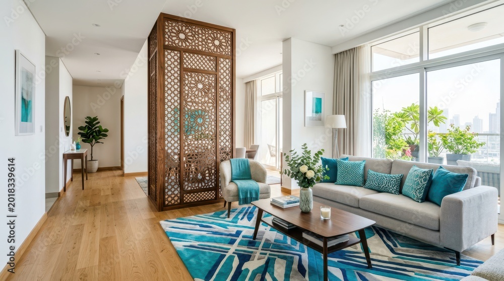Fototapeta premium Modern living room with intricate wooden divider and city view balcony