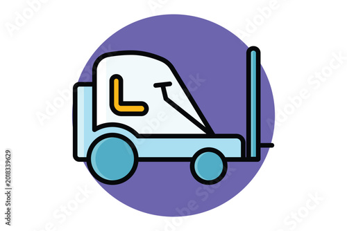 Forklift icon. A light blue industrial forklift icon with a yellow seat and black wheels, colored outline icon style