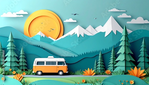 Bright Paper Cut Landscape With a Van, Mountains, Trees, and Sun in a Colorful Setting During Daytime
