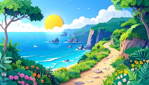 Scenic Coastal Path With Ocean View and Bright Sun During Daytime in a Vibrant Landscape