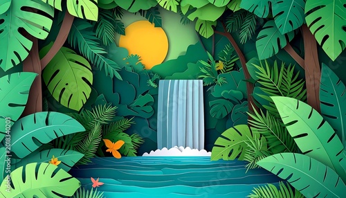 Waterfall Flows Through Green Jungle With Sun Setting Behind Hills in a Bright Nature Scene