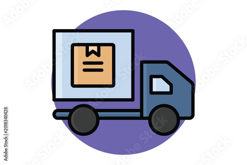 Shipping icon. A side view icon of a blue delivery truck carrying a large tan cardboard box, colored outline icon style
