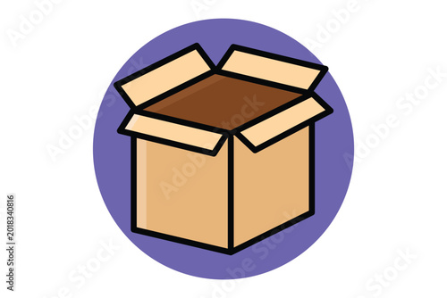 Cardboard box icon. An icon of an open tan cardboard box with dark brown interior, colored outline icon style