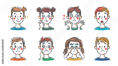 Valokuva Diverse Emotions on Display: A collection of cartoon characters expresses a spectrum of human emotions, from joy and surprise to sadness and worry, captured in vibrant, hand-drawn illustrations