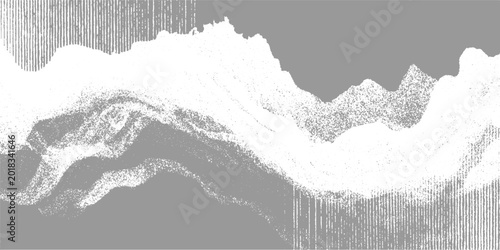 Abstract grayscale landscape with textured mountains and cloudy sky