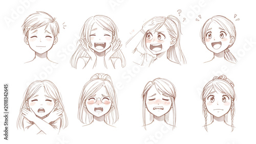 Foto Emotional Expressions Collection: A compilation of eight distinct sketched portraits, showcasing a range of human emotions from joy and surprise to sadness and confusion