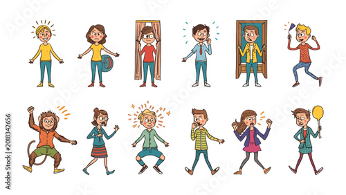 Fényképezés Emotional Spectrum: A vibrant collection of illustrated characters expressing a wide range of human emotions, from surprise and excitement to frustration and joy
