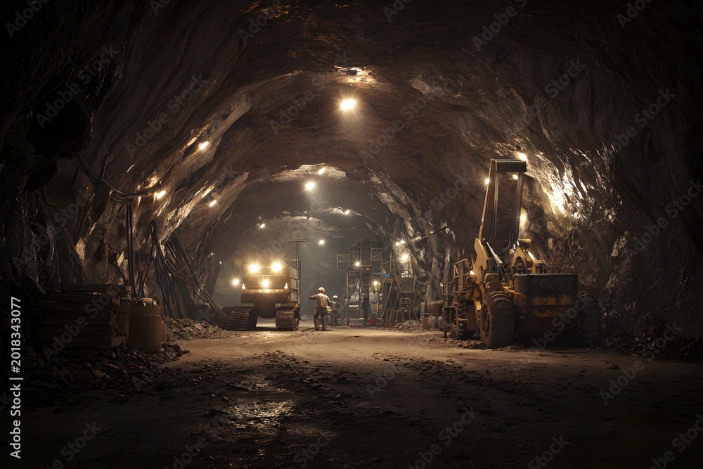 Fototapeta premium Dimly lit, rugged underground mine with diligent miners and colossal machinery in a stark studio scene.