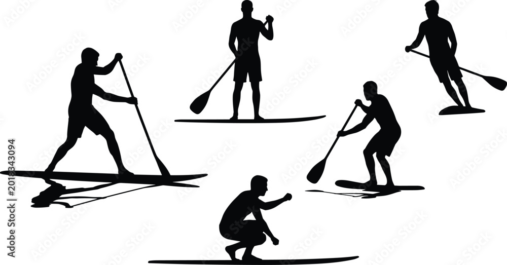 Fototapeta premium Minimalist black silhouettes of people paddleboarding showing different postures and balance techniques symbolizing water sport, recreation, and adventure