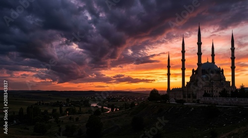 Grand Mosque Silhouette and Minarets Against Dramatic Sunset Sky Website Banner Hero Header Wide Background with Copy Space for Islamic Heritage and Religious Content