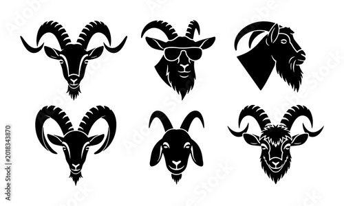 Foto Set of Six Black Goat Head Silhouettes, Diverse Styles Including Sunglasses, Vec