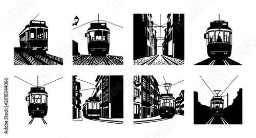 Photos Vintage Tram Collection, Retro Streetcar Silhouettes, Urban Transit Vector Icons
