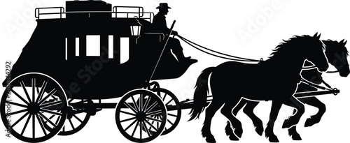 Tableau sur toile Vintage silhouette of horse drawn stagecoach carriage with driver and two horses
