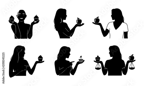 Schilderij op canvas Silhouette Figures Balancing Food Choices, Healthy vs