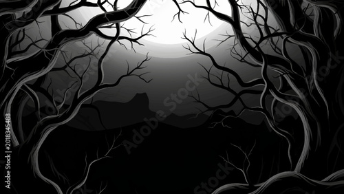 Obraz na plátně Vector Dry and twisted branch background, black and white creepy dark surreal cartoon background