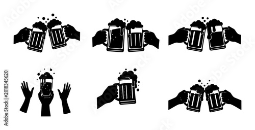 Bild auf Leinwand Cheers Beer Mugs Vector Icons, Clinking Glasses Celebration Graphics, Toasting D