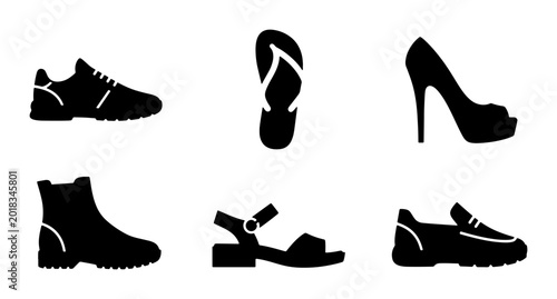 Cuadro en lienzo Diverse Footwear Collection, Six Black Shoe Icons: Sneakers, Flip-flops, High He