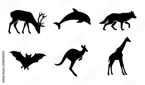Bild auf Leinwand Diverse Wildlife Silhouettes: Deer, Dolphin, Wolf, Bat, Kangaroo, Giraffe Icons