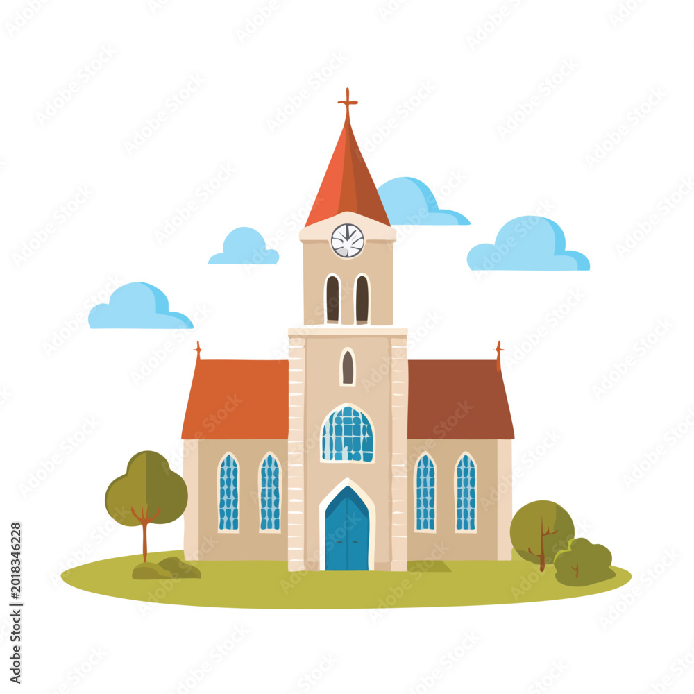 Naklejka premium Cartoon church illustration with red roof and blue sky elements