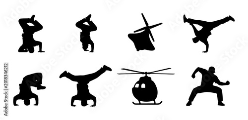 Quadro em tela Dynamic Breakdance Silhouettes and Helicopter Icons, Action Poses, Sport Figures