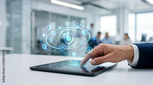 A businessman interacting with a digital security interface on a tablet in a modern office