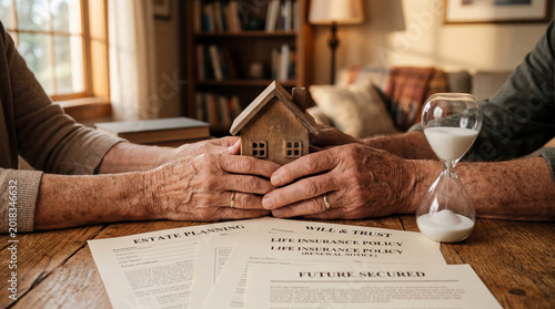 Elderly couple planning estate and future with house model and documents