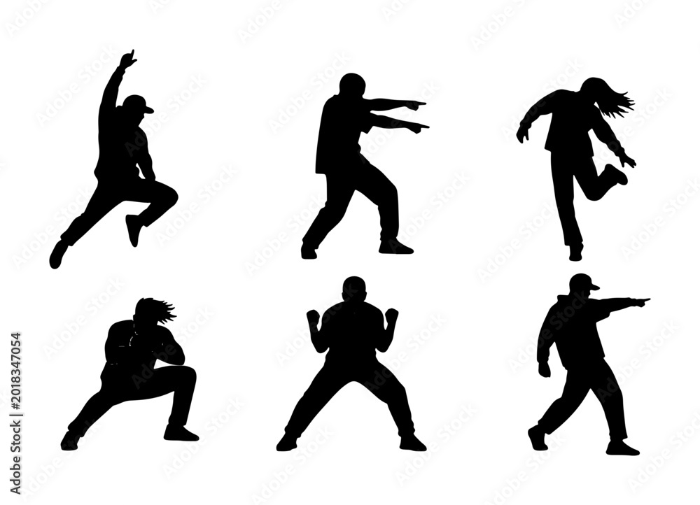 Fototapeta premium Dynamic Hip Hop Dancer Silhouettes, Urban Street Dance Poses, Energetic Breakdance Figures, Modern Choreography Vector Set