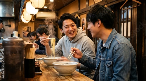 Two Friends Enjoying Authentic Ramen and Lively Conversation at a Traditional Japanese Restaurant Counter, Capturing a Warm and Genuine Dining Experience