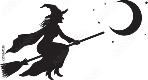 Vászonkép Witch on broom silhouette with crescent moon and stars
