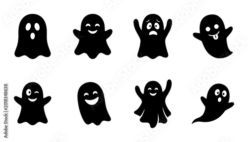 Foto Cute Ghost Icons Set, Spooky Halloween Characters, Funny Boo Emoticons, Black Si