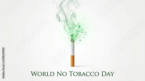 Minimal World No Tobacco Day concept with cigarette smoke turning into green botanical elements on white background.