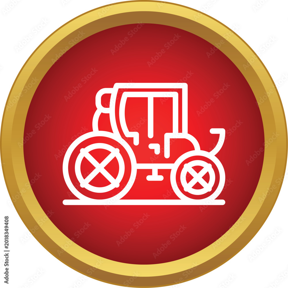 Fototapeta premium Horse drawn carriage icon on a red button with a gold frame representing vintage transportation