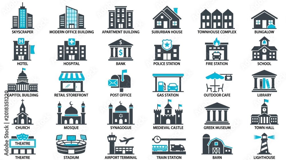 Naklejka premium Collection of various city building and infrastructure icons set.