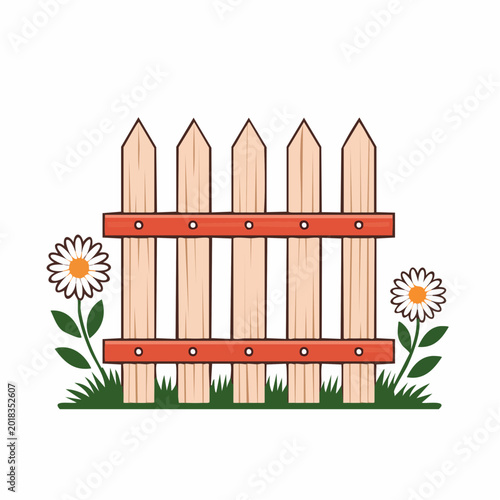 Wooden Picket Fence with Daisies and Grass