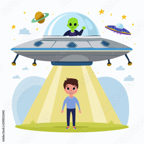 Alien Abduction Scene with UFO and Child