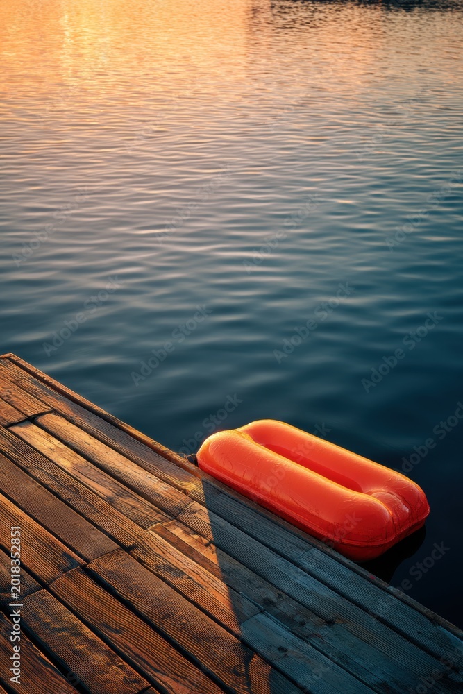 Fototapeta premium Orange inflatable air mattress floating on calm lake water next to wooden pier at sunset. Peaceful summer scenery at docks. Concept of leisure, relaxation, vacation, and travel.