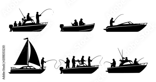 Canvastavla Fishing Boat Silhouettes, Recreational Angling Vector Icons: Diverse Vessels for